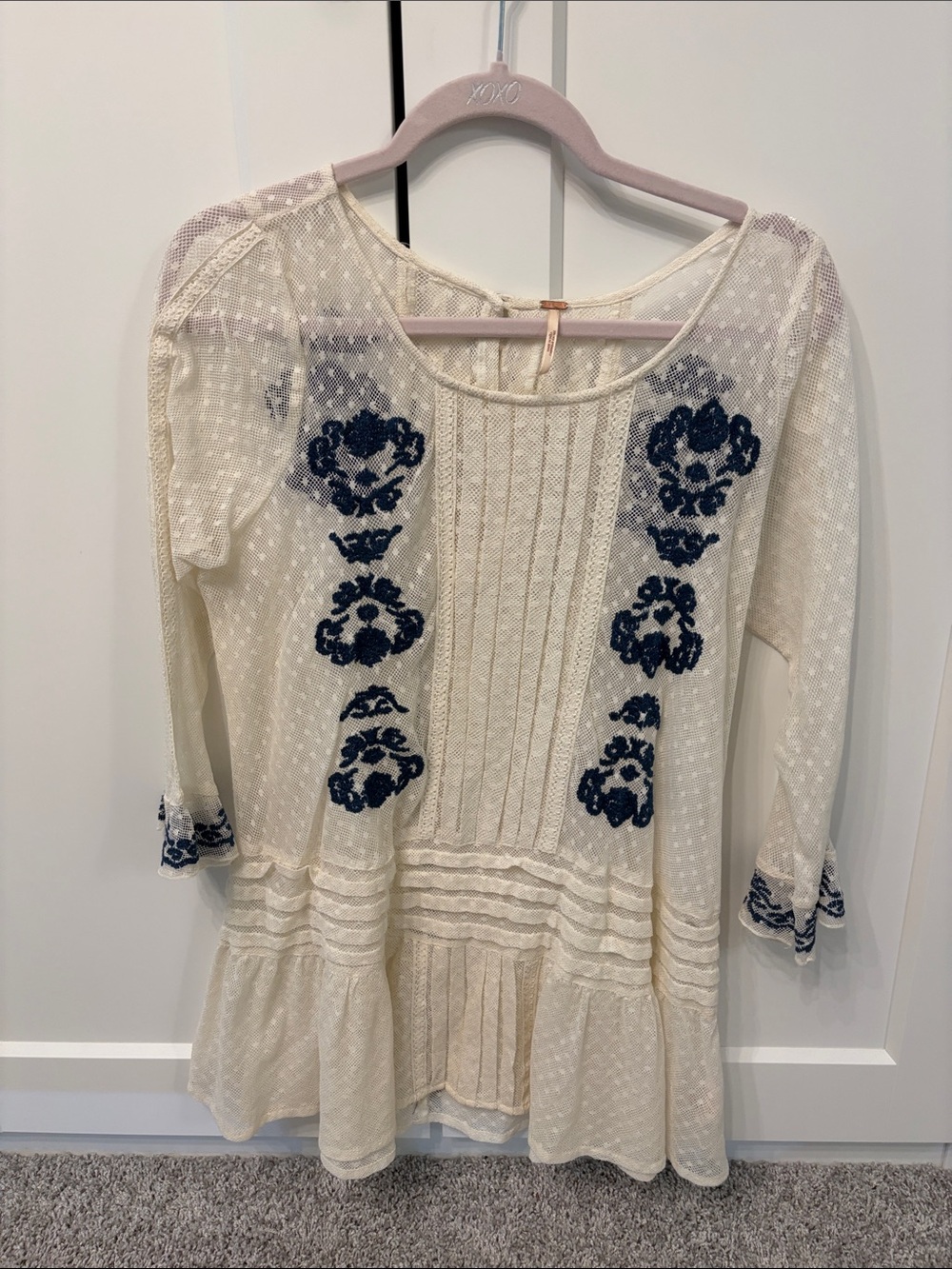 Free People Boho Lace Peasant Top with Navy Embroidery - Cream